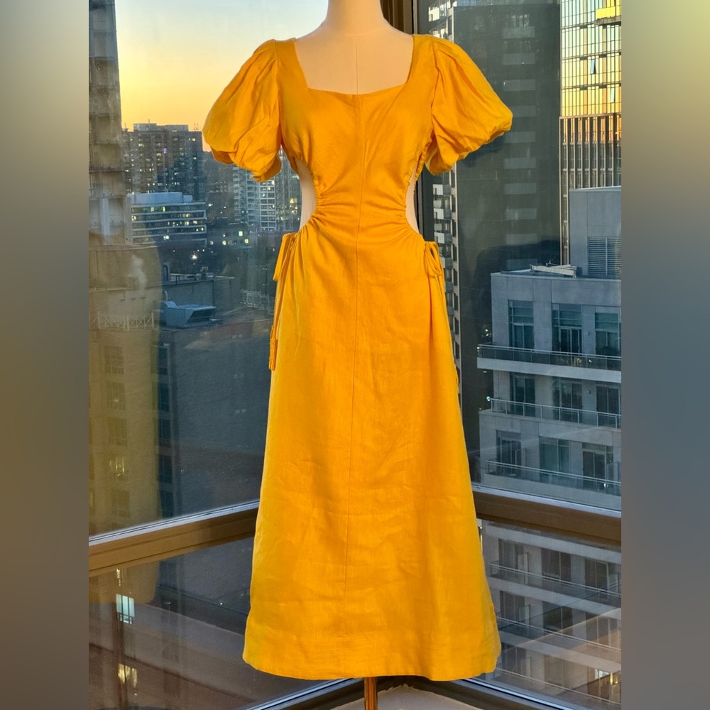 🆕 FARM Rio 🧿 NWOT Linen Cut Out Midi Dress, Yellow - Size XS - Picture 5 of 16